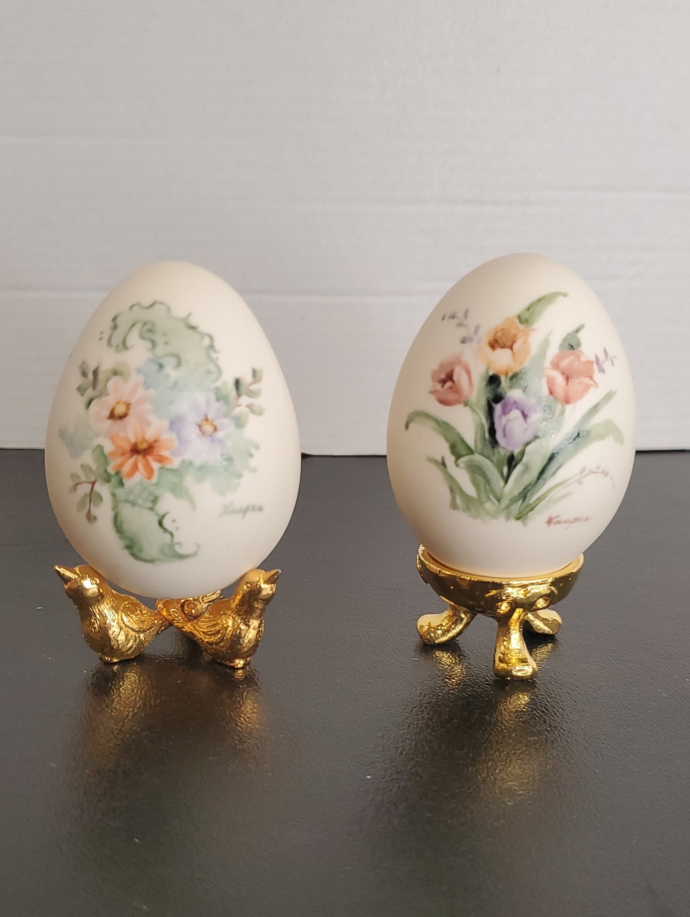 Hand-Painted Floral Porcelain Egg Ornament On Gold Tone Plated Stands (Set of 2)